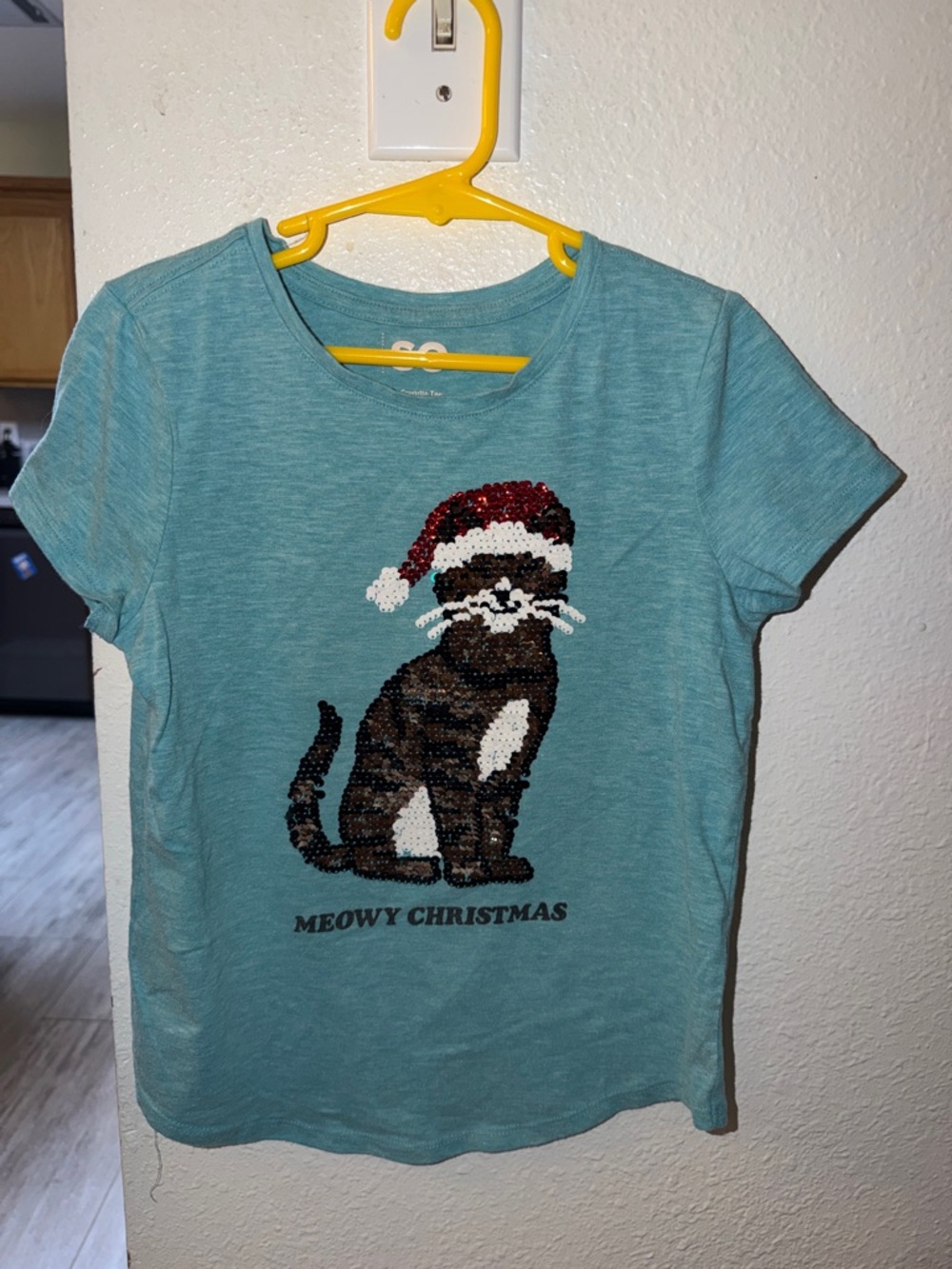 SO Teal Cat Sequin Holiday Tee